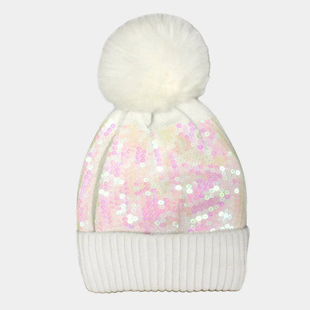 Sequin Embellished Pom Pom Beanie Hat - Jewelry Store by Erik Rayo