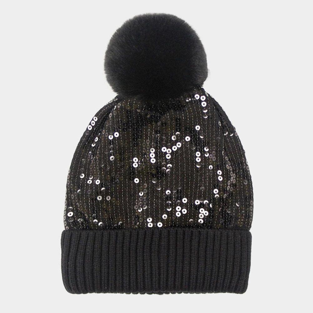 Sequin Embellished Pom Pom Beanie Hat - Jewelry Store by Erik Rayo