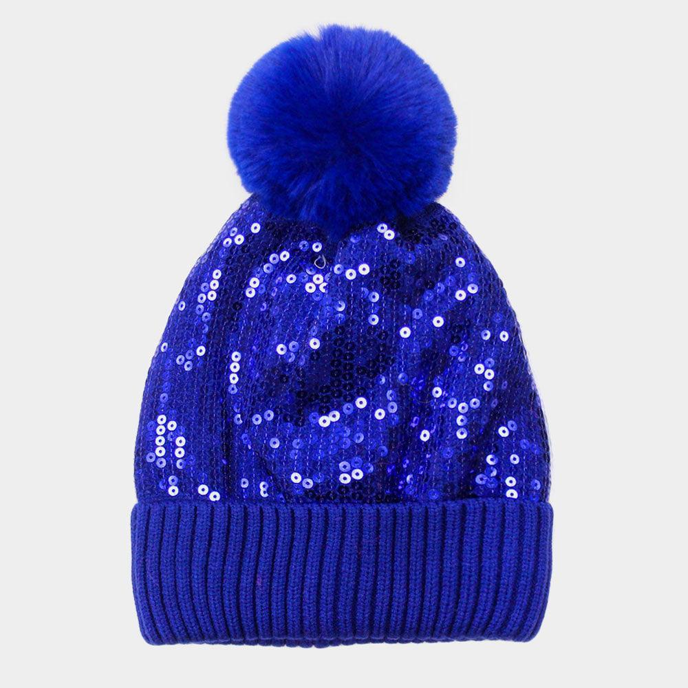 Sequin Embellished Pom Pom Beanie Hat - Jewelry Store by Erik Rayo
