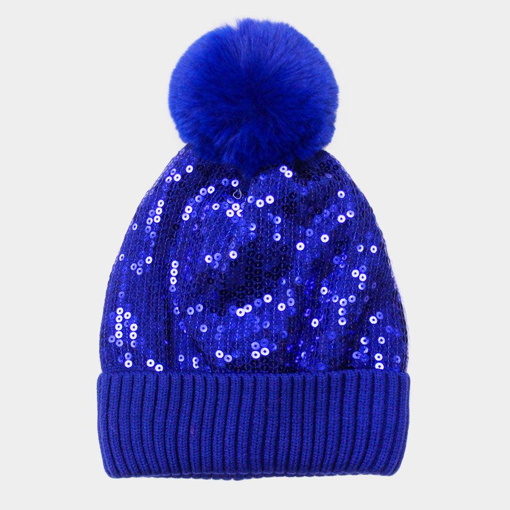 Sequin Embellished Pom Pom Beanie Hat