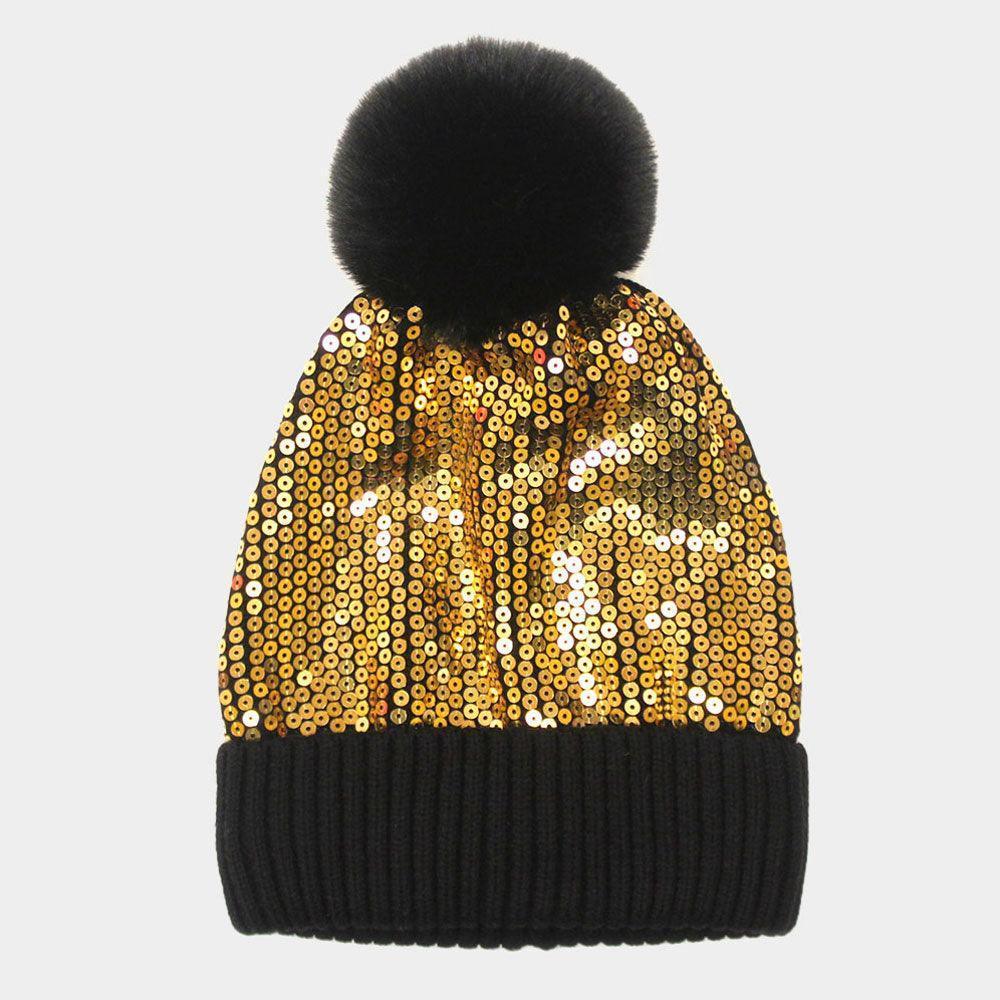 Sequin Embellished Pom Pom Beanie Hat - Jewelry Store by Erik Rayo