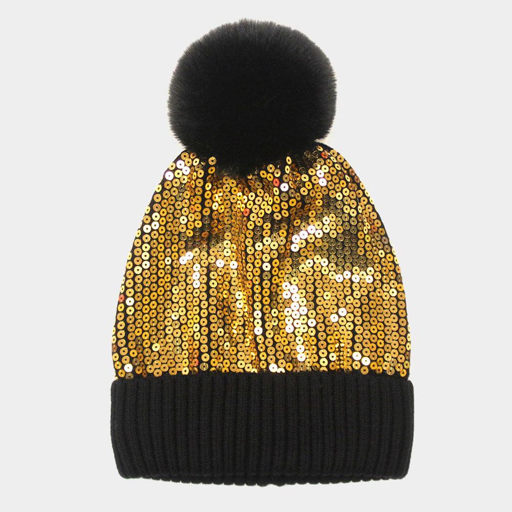 Sequin Embellished Pom Pom Beanie Hat