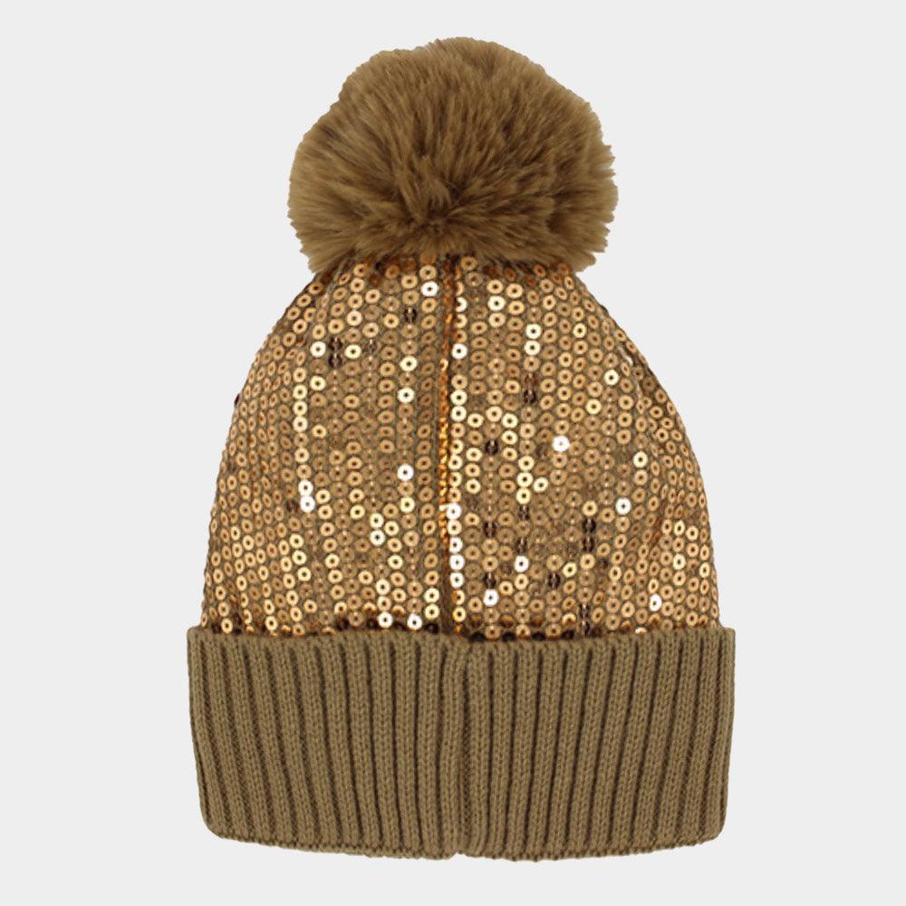 Sequin Embellished Pom Pom Beanie Hat - Jewelry Store by Erik Rayo