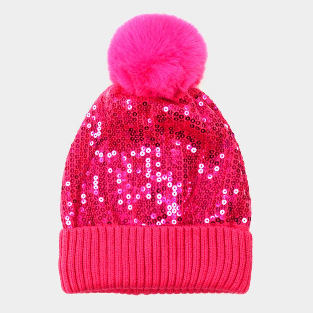 Sequin Embellished Pom Pom Beanie Hat