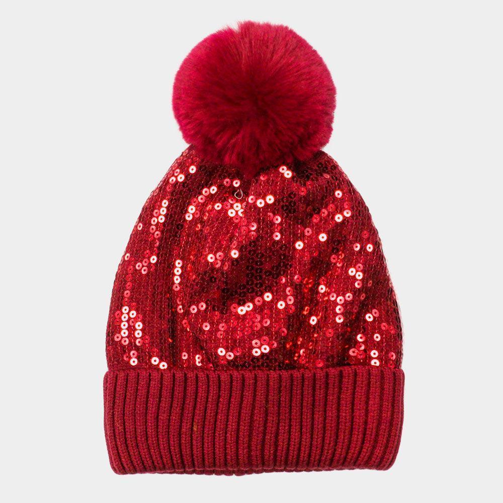 Sequin Embellished Pom Pom Beanie Hat - Jewelry Store by Erik Rayo