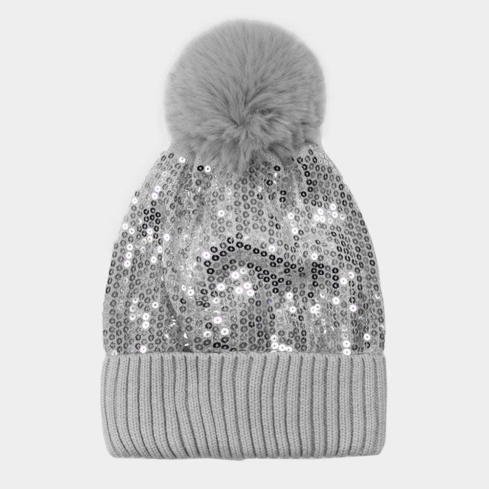 Sequin Embellished Pom Pom Beanie Hat - Jewelry Store by Erik Rayo