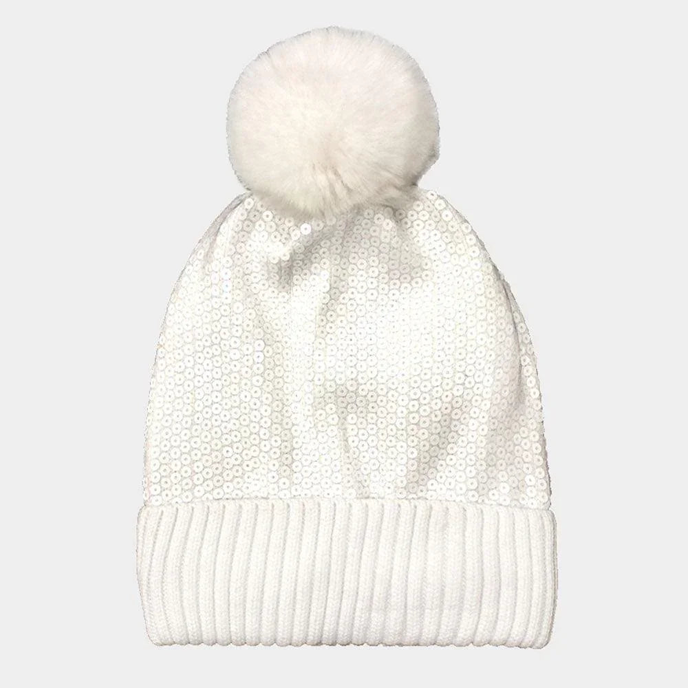 Sequin Embellished Pom Pom Beanie Hat - Jewelry Store by Erik Rayo