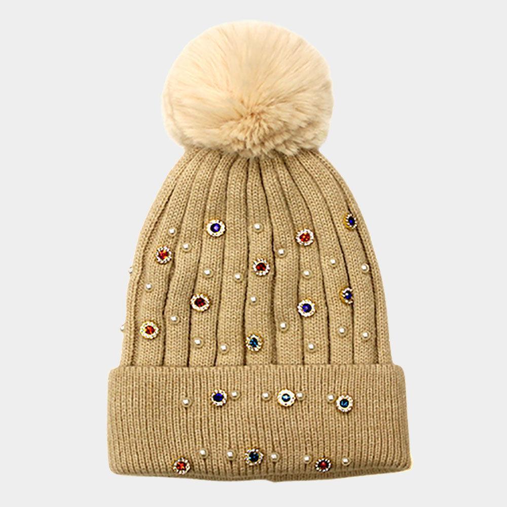 Pearl Stone Embellished Detail Pom Pom Beanie Hat - Jewelry Store by Erik Rayo