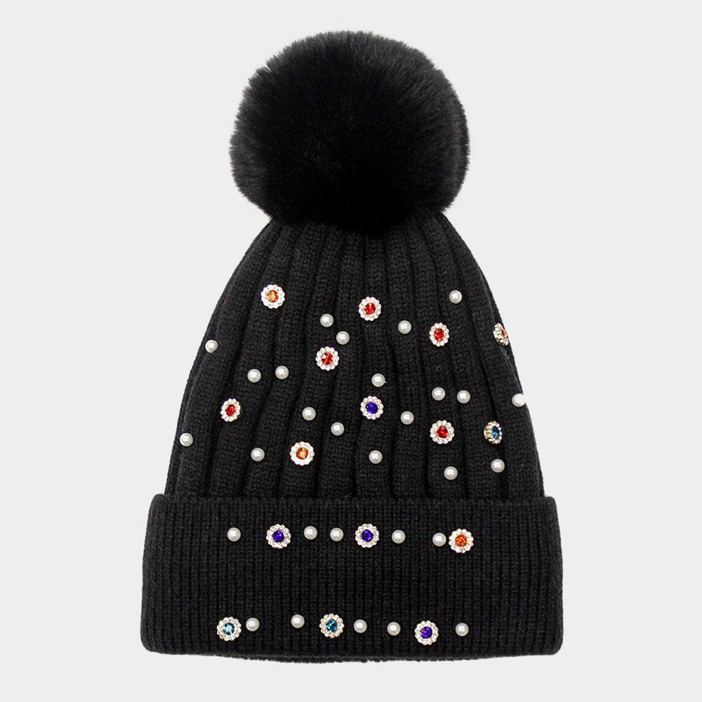 Pearl Stone Embellished Detail Pom Pom Beanie Hat - Jewelry Store by Erik Rayo