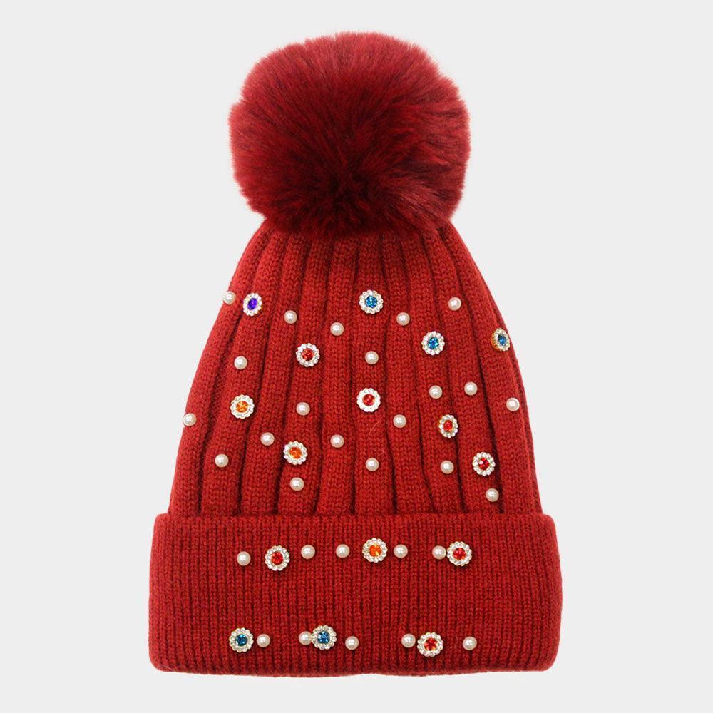 Pearl Stone Embellished Detail Pom Pom Beanie Hat - Jewelry Store by Erik Rayo