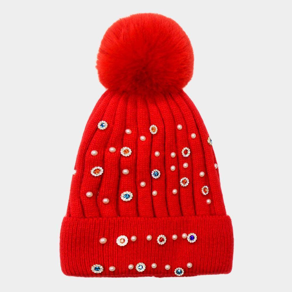 Pearl Stone Embellished Detail Pom Pom Beanie Hat - Jewelry Store by Erik Rayo