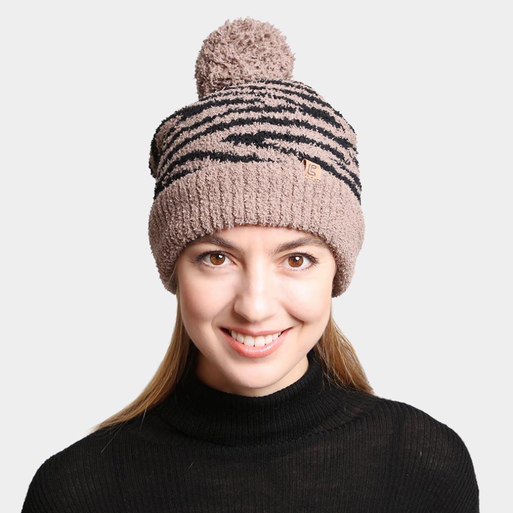 Zebra Lined PomPom Beanie
