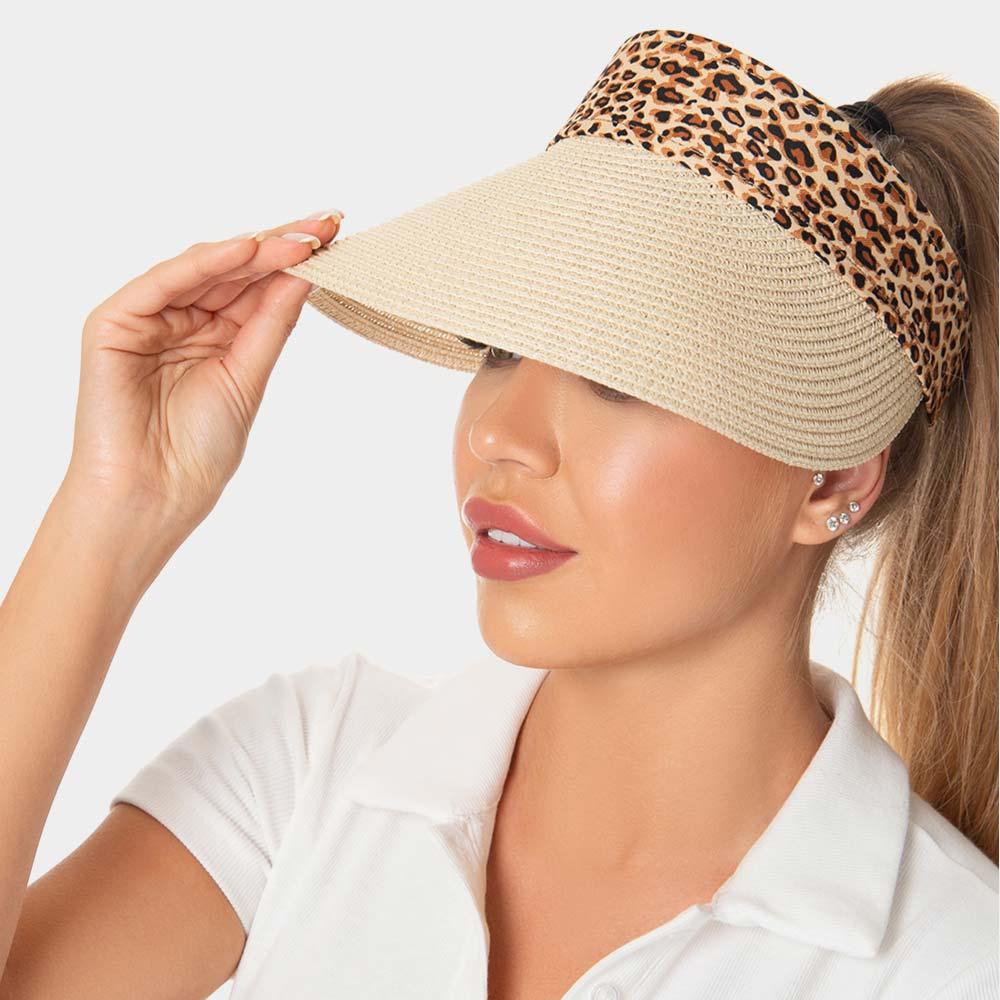 Leopard Pattern Accented Straw Visor Hat