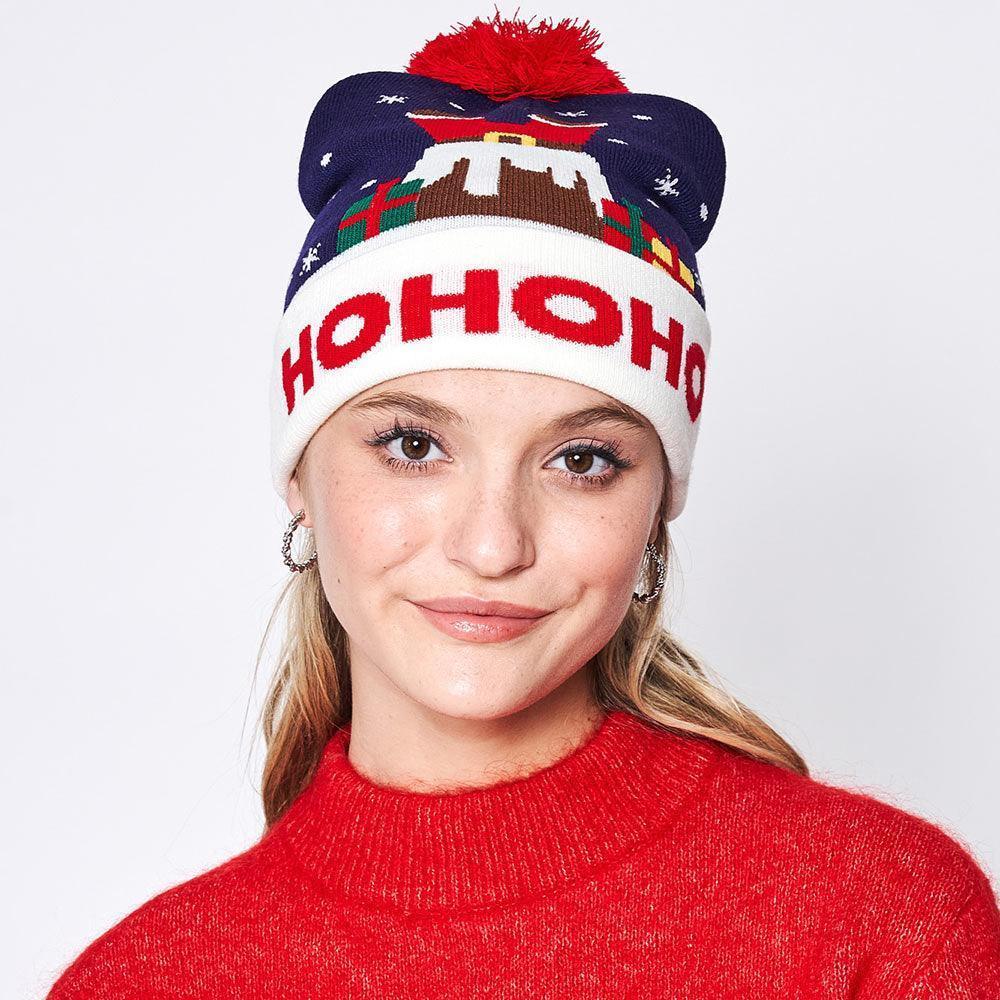 HoHoHo Message Santa Claus Pom Pom Beanie Hat - Jewelry Store by Erik Rayo