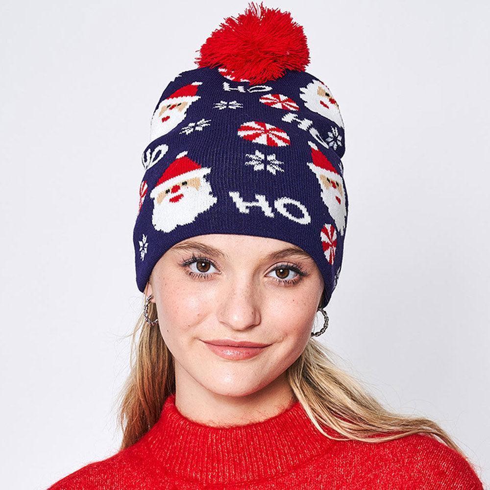 HoHoHo Message Santa Claus Candy Cane Pom Pom Beanie Hat - Jewelry Store by Erik Rayo