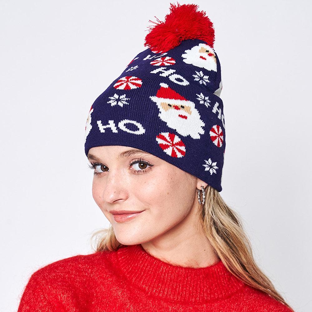 HoHoHo Message Santa Claus Candy Cane Pom Pom Beanie Hat - Jewelry Store by Erik Rayo