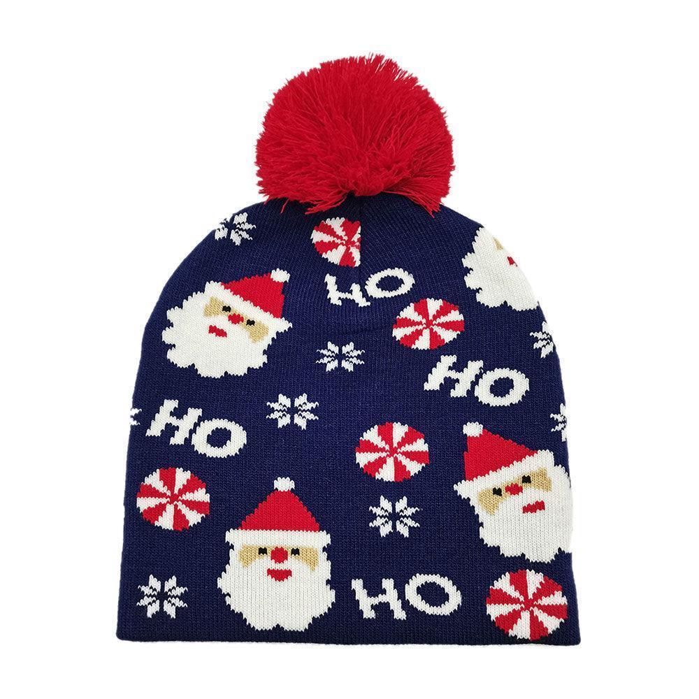 HoHoHo Message Santa Claus Candy Cane Pom Pom Beanie Hat - Jewelry Store by Erik Rayo