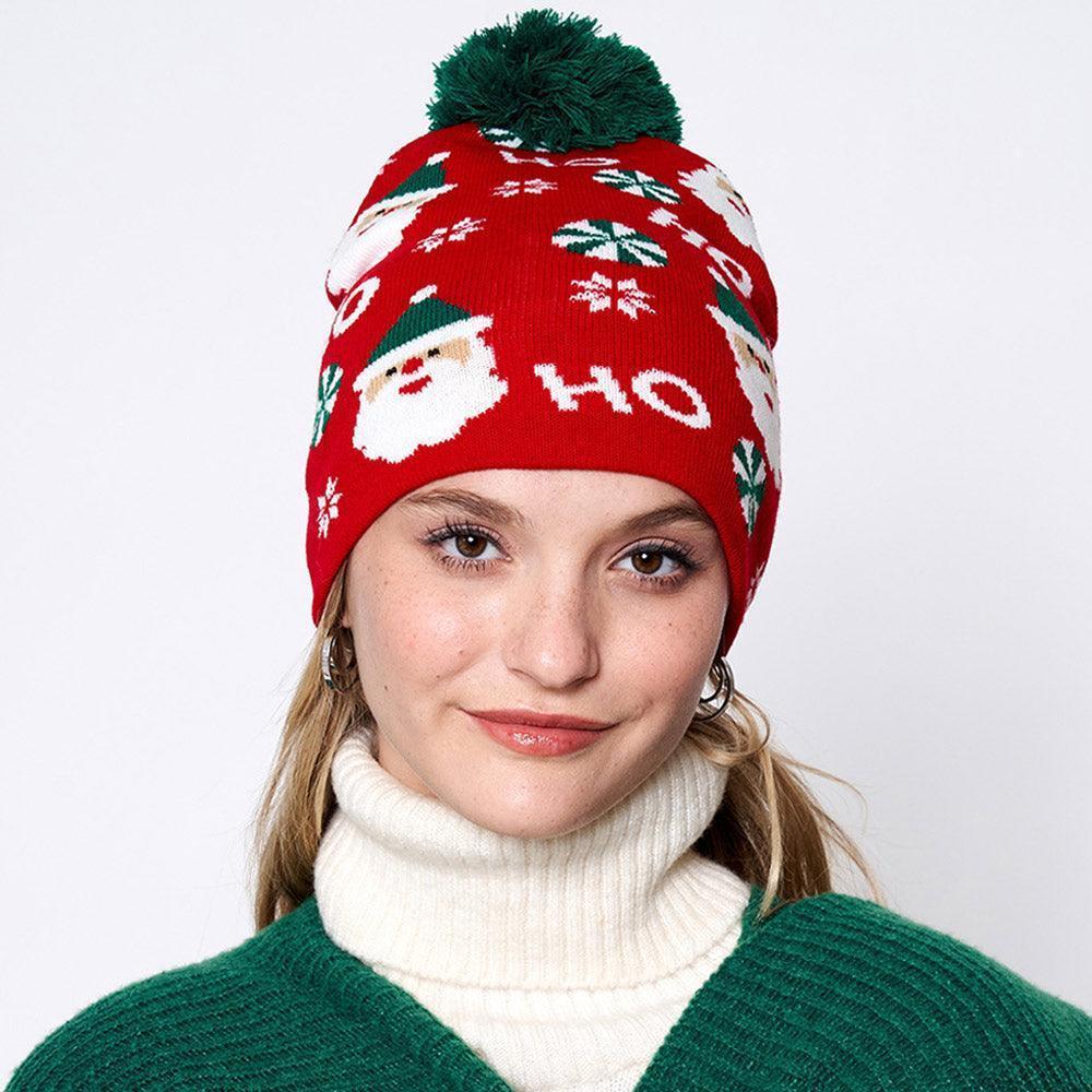 HoHoHo Message Santa Claus Candy Cane Pom Pom Beanie Hat - Jewelry Store by Erik Rayo