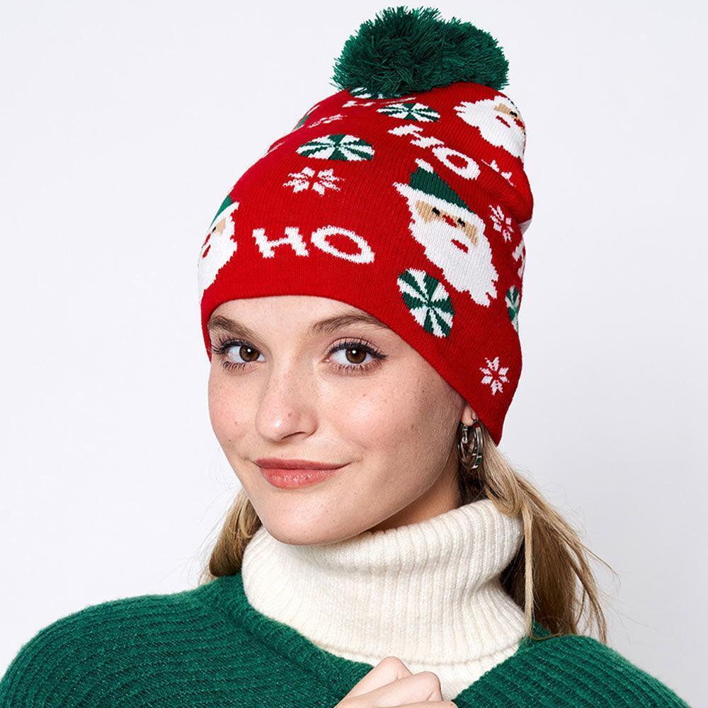HoHoHo Message Santa Claus Candy Cane Pom Pom Beanie Hat - Jewelry Store by Erik Rayo