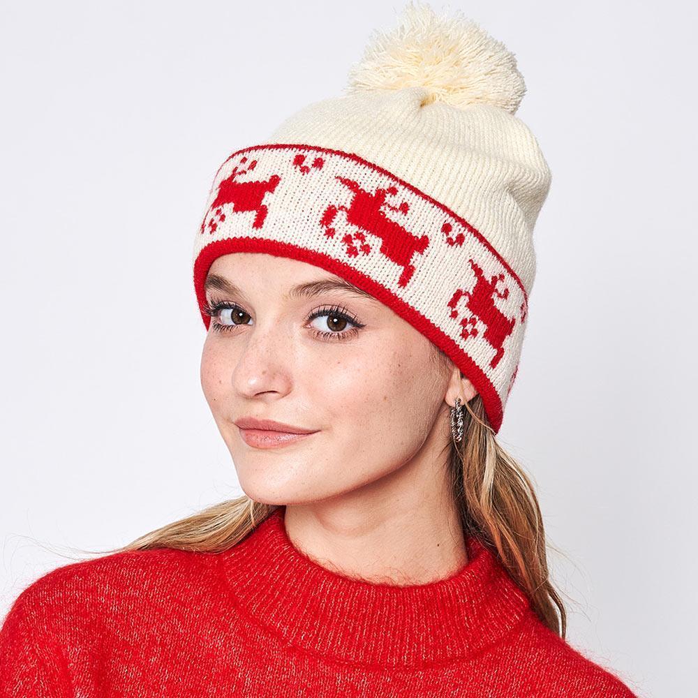Reindeer Holiday Pom Pom Beanie Hat - Jewelry Store by Erik Rayo