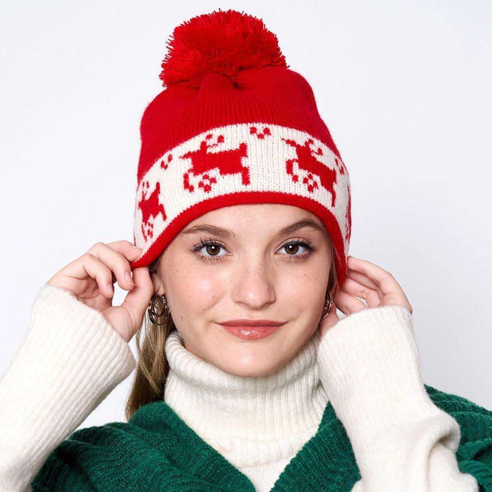 Reindeer Holiday Pom Pom Beanie Hat - Jewelry Store by Erik Rayo