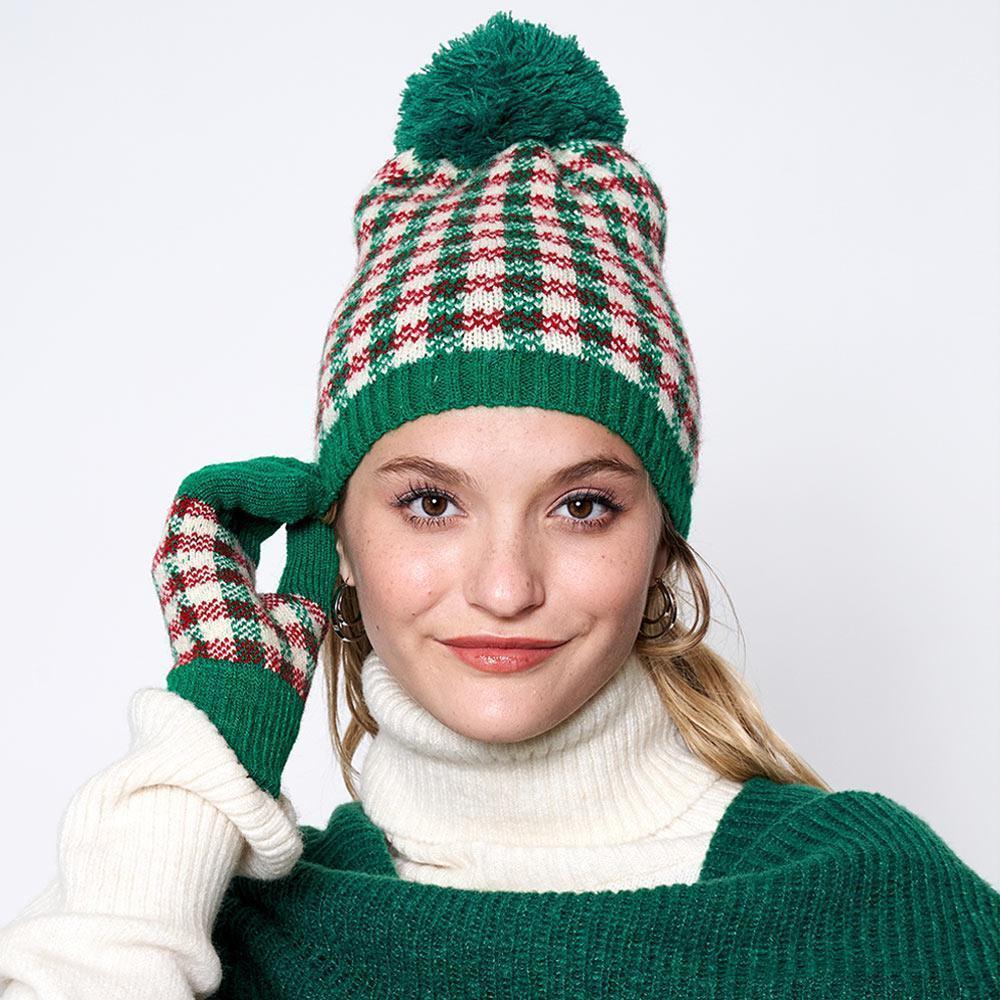 Check Patterned Pom Pom Beanie Hat - Jewelry Store by Erik Rayo