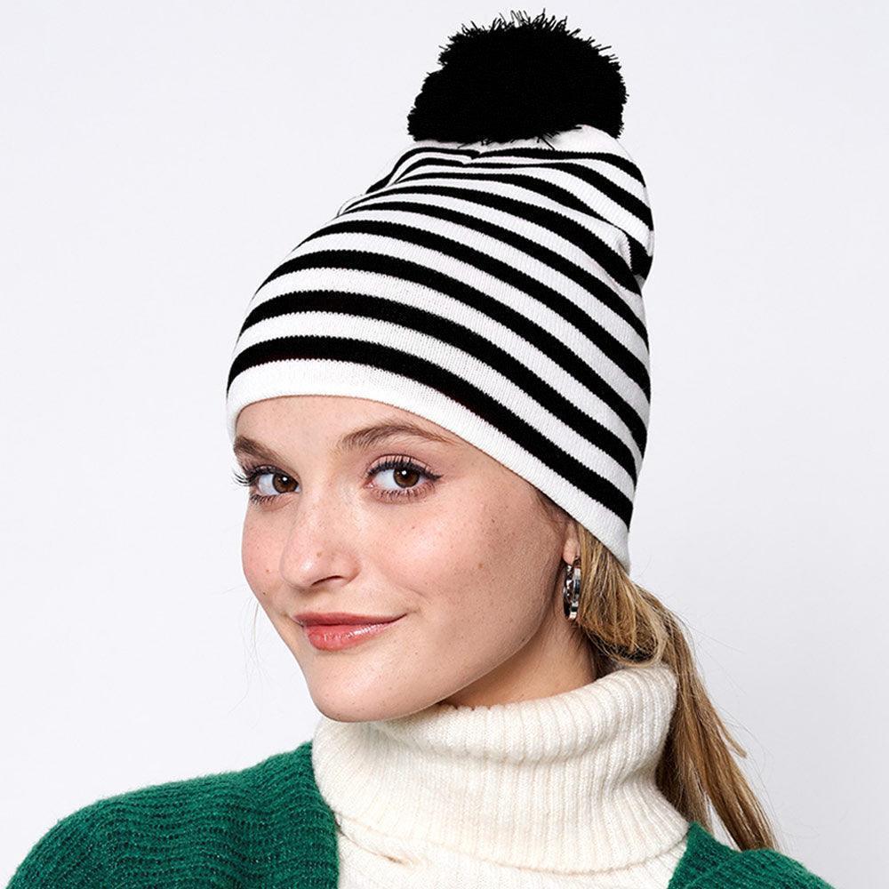 Two Tone Striped Pom Pom Beanie Hat - Jewelry Store by Erik Rayo