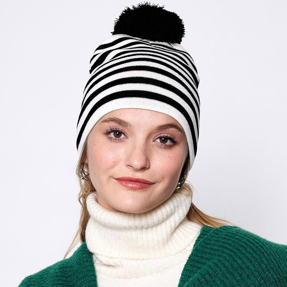 Two Tone Striped Pom Pom Beanie Hat - Jewelry Store by Erik Rayo