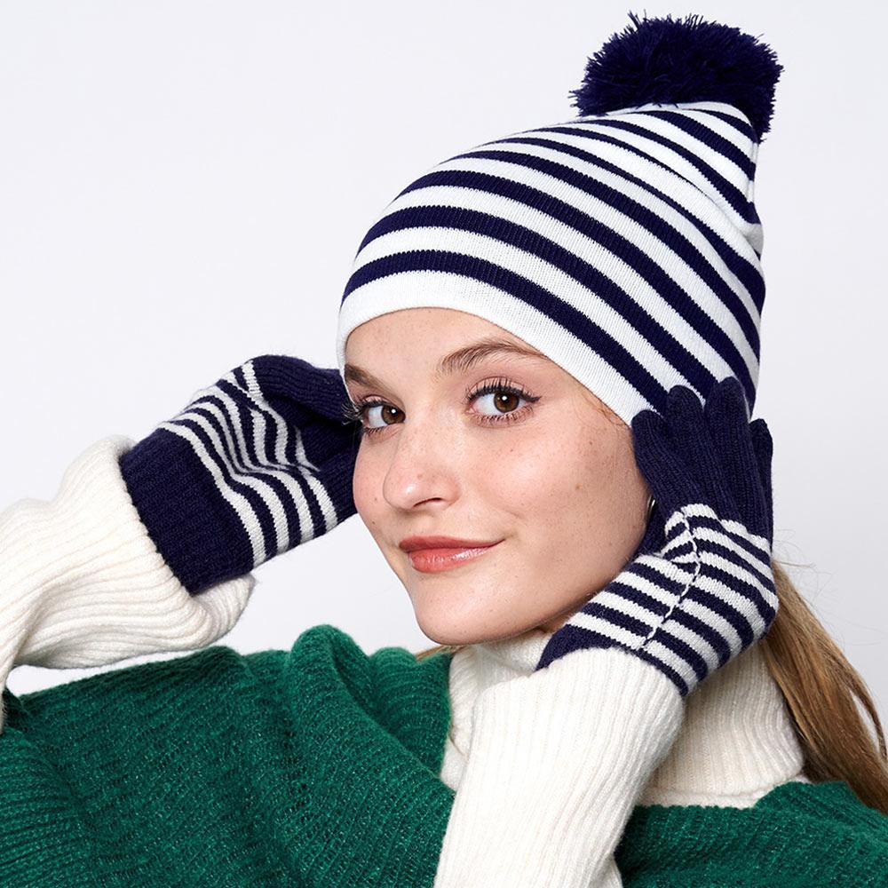 Two Tone Striped Pom Pom Beanie Hat - Jewelry Store by Erik Rayo