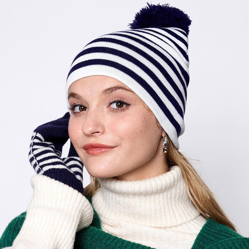 Two Tone Striped Pom Pom Beanie Hat - Jewelry Store by Erik Rayo