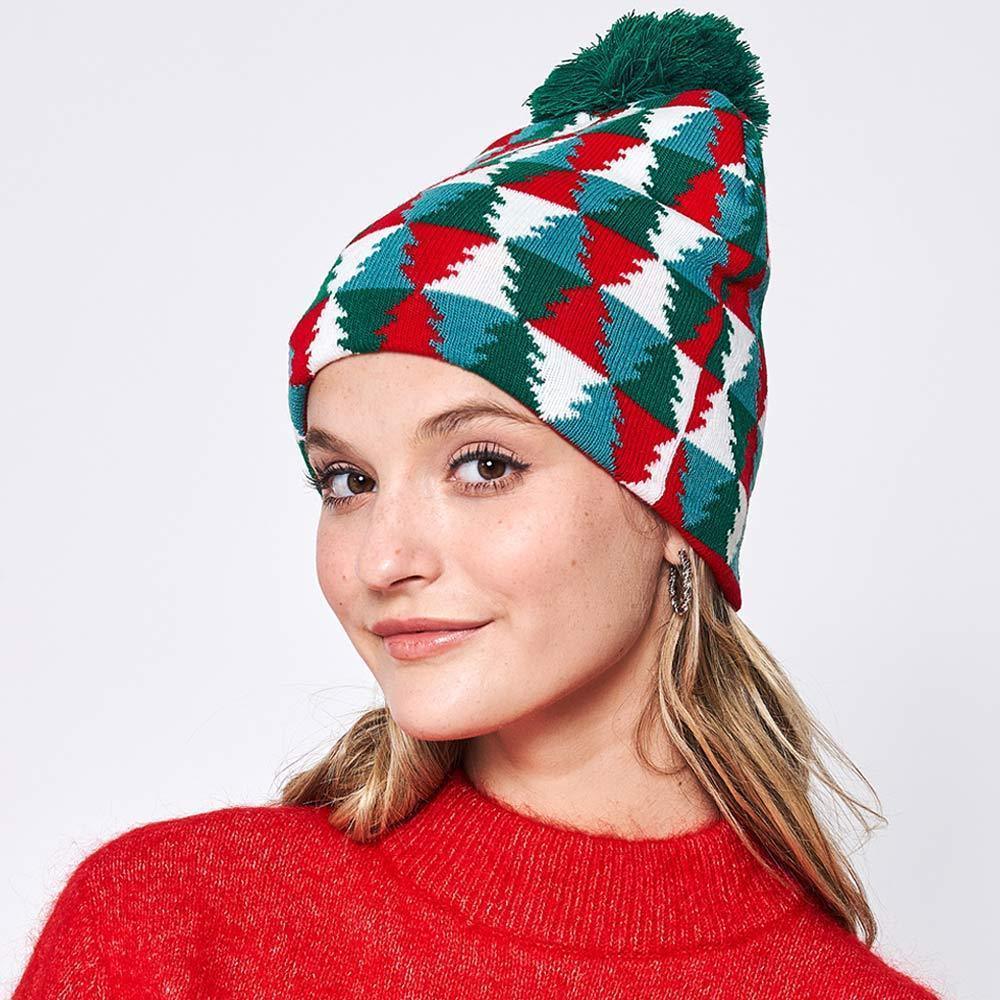 Christmas Tree Patterned Pom Pom Beanie Hat - Jewelry Store by Erik Rayo