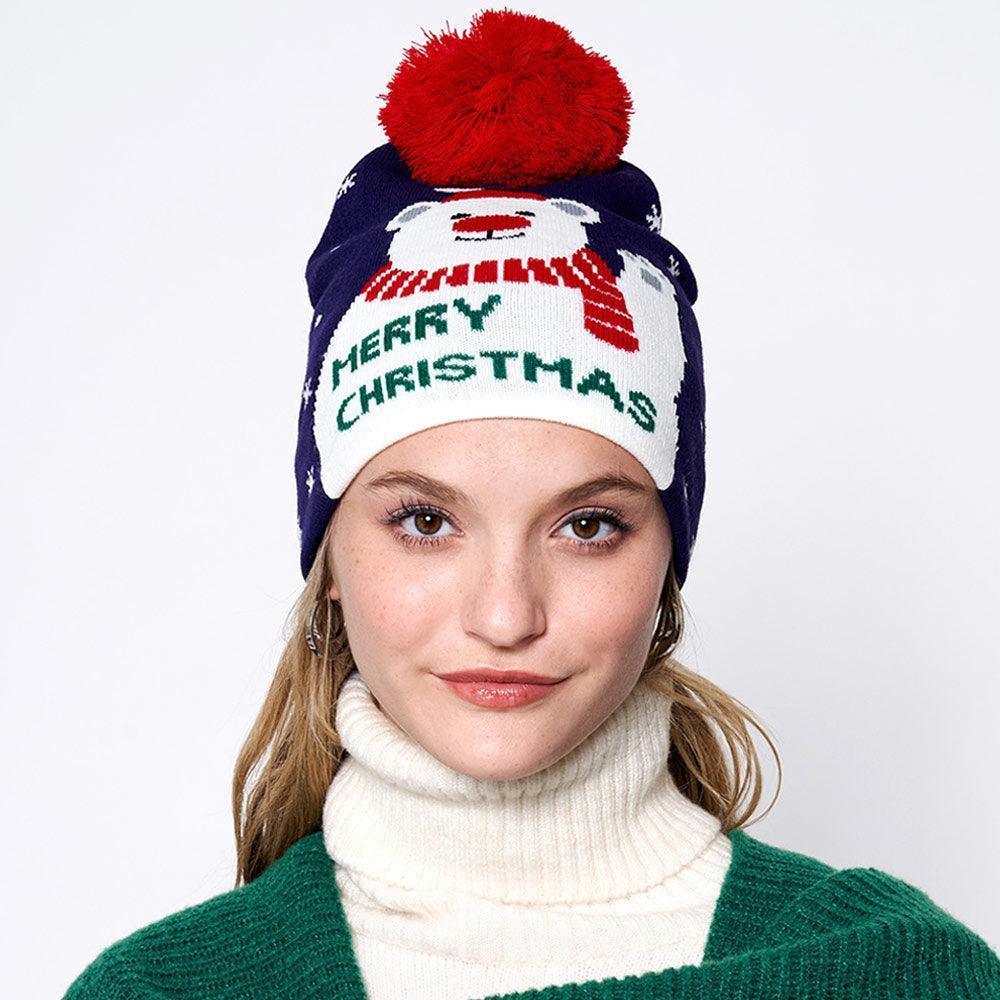 Merry Christmas Message Polar Bear Pom Pom Beanie Hat - Jewelry Store by Erik Rayo