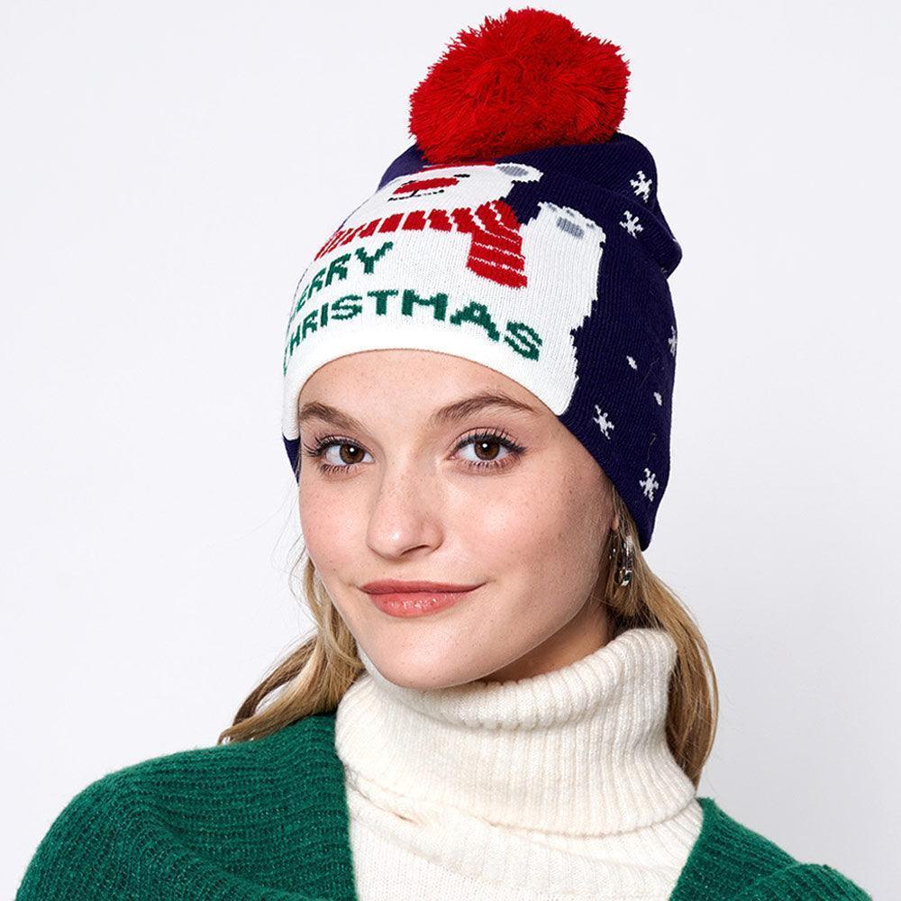 Merry Christmas Message Polar Bear Pom Pom Beanie Hat - Jewelry Store by Erik Rayo