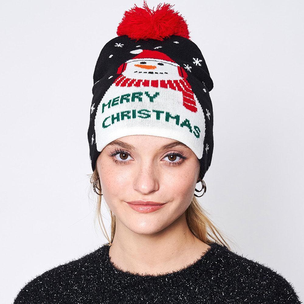 Merry Christmas Message Snowman Pom Pom Beanie Hat - Jewelry Store by Erik Rayo