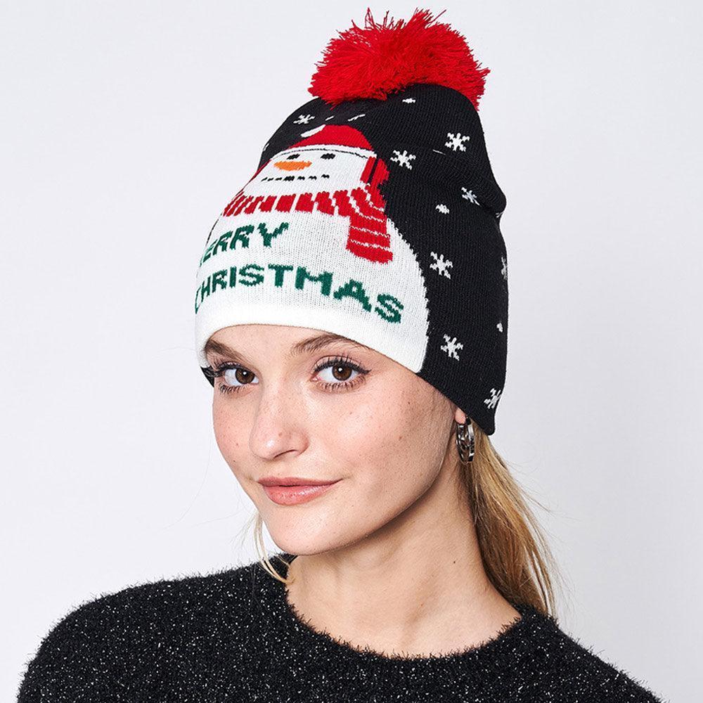 Merry Christmas Message Snowman Pom Pom Beanie Hat - Jewelry Store by Erik Rayo