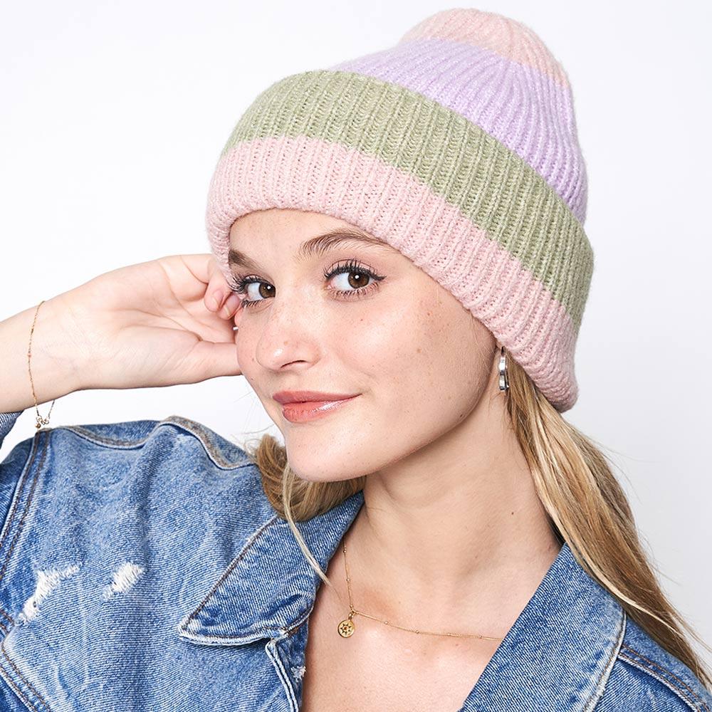 Striped Ribbed Beanie Hat