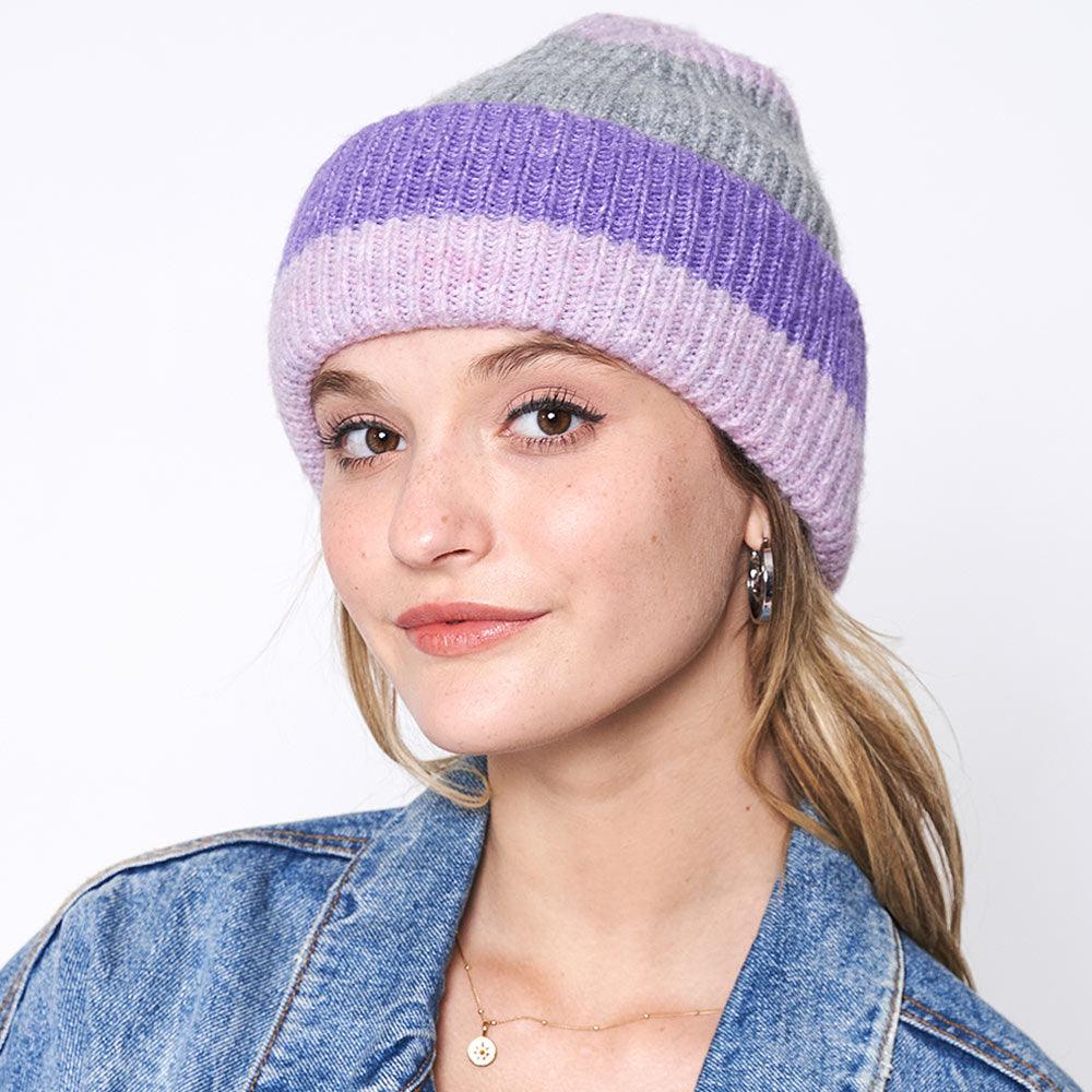 Striped Ribbed Beanie Hat