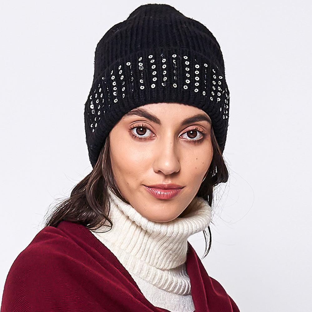 Solid Ribbed Sequin Cuff Beanie Hat - Jewelry Store by Erik Rayo