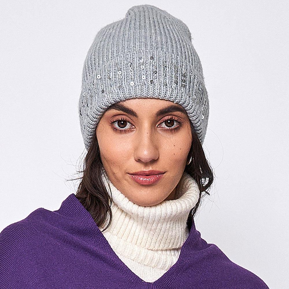 Solid Ribbed Sequin Cuff Beanie Hat - Jewelry Store by Erik Rayo