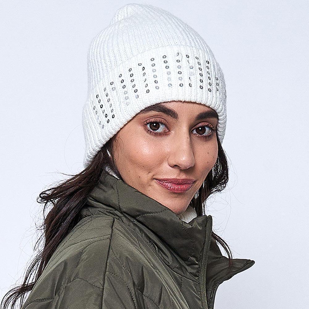 Solid Ribbed Sequin Cuff Beanie Hat - Jewelry Store by Erik Rayo