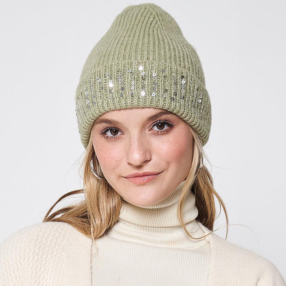 Solid Ribbed Sequin Cuff Beanie Hat - Jewelry Store by Erik Rayo