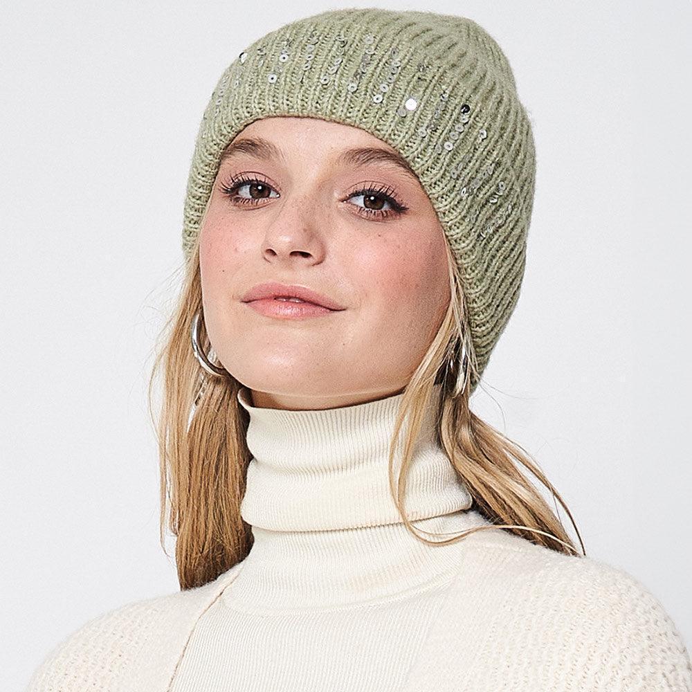 Solid Ribbed Sequin Cuff Beanie Hat - Jewelry Store by Erik Rayo