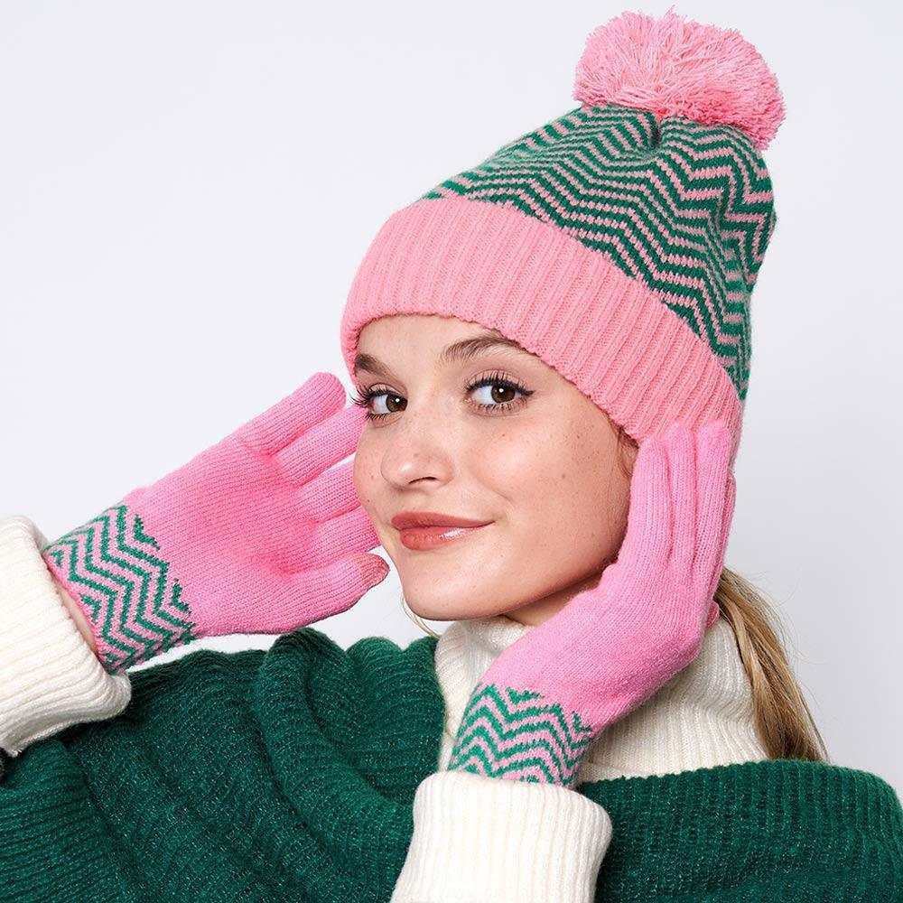 Zigzag Chevron Patterned Pom Pom Beanie Hat - Jewelry Store by Erik Rayo