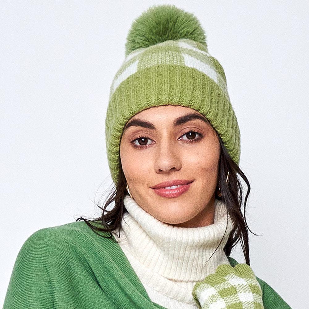 Buffalo Check Patterned Faux Fur Pom Pom Beanie Hat - Jewelry Store by Erik Rayo