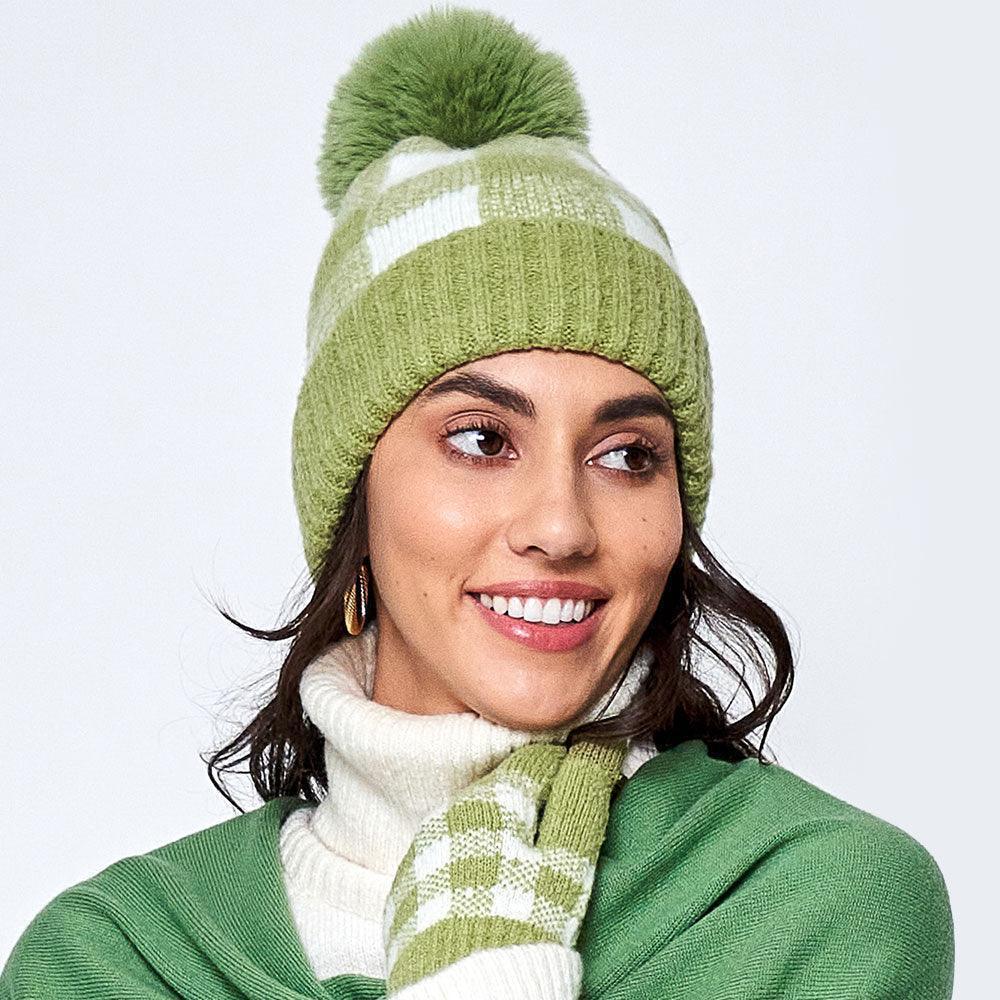 Buffalo Check Patterned Faux Fur Pom Pom Beanie Hat - Jewelry Store by Erik Rayo