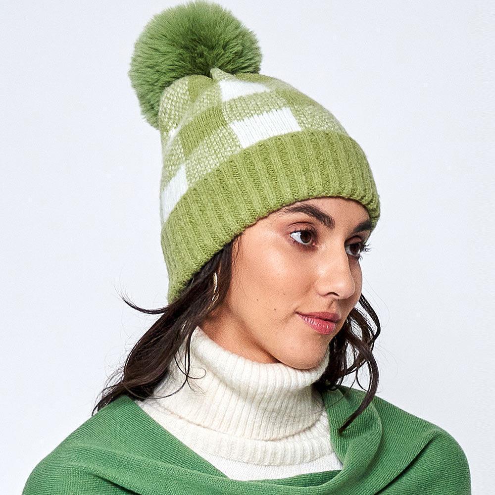 Buffalo Check Patterned Faux Fur Pom Pom Beanie Hat - Jewelry Store by Erik Rayo