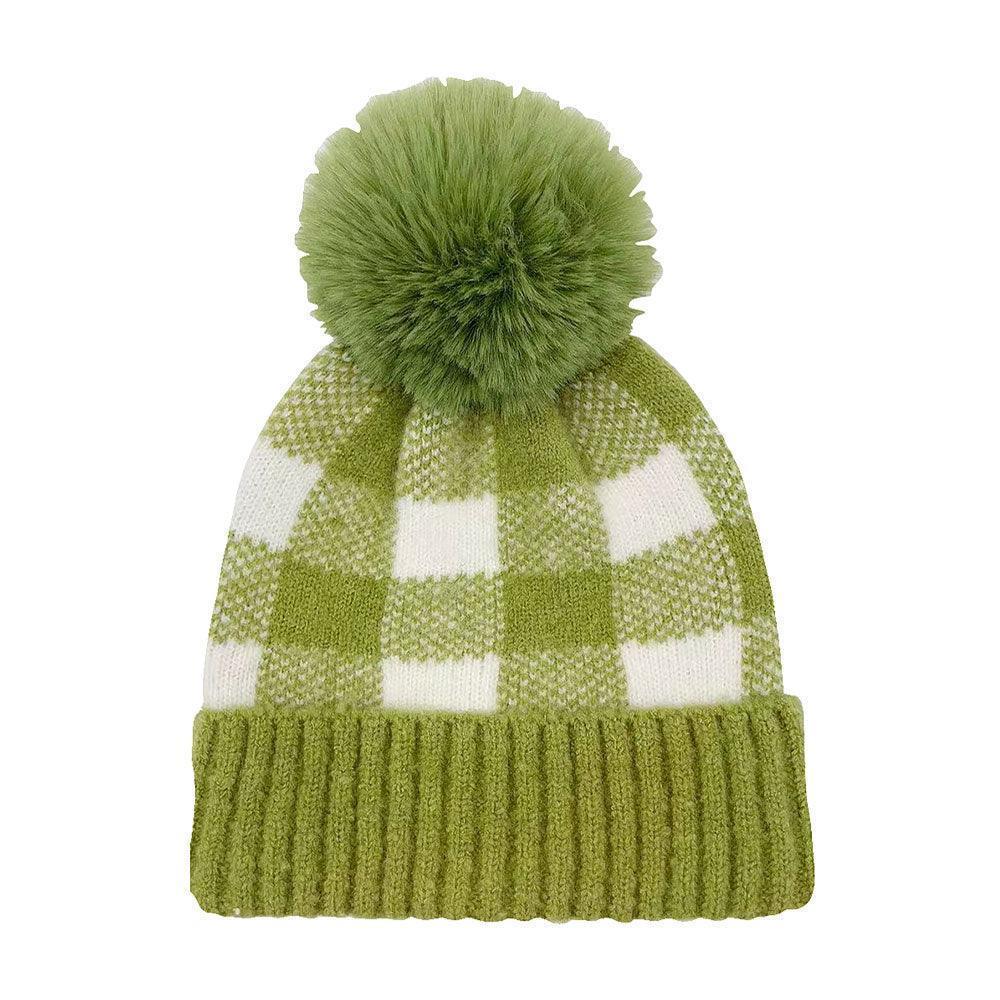 Buffalo Check Patterned Faux Fur Pom Pom Beanie Hat - Jewelry Store by Erik Rayo