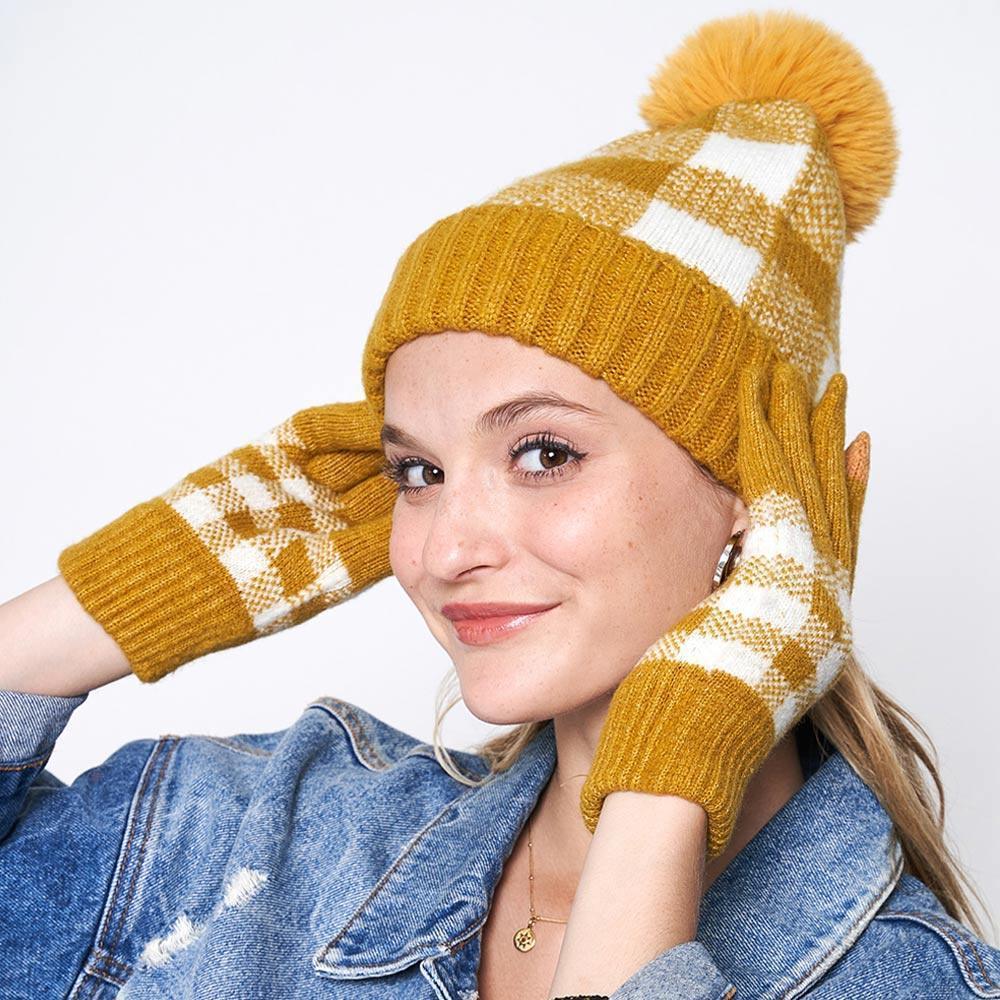 Buffalo Check Patterned Faux Fur Pom Pom Beanie Hat - Jewelry Store by Erik Rayo