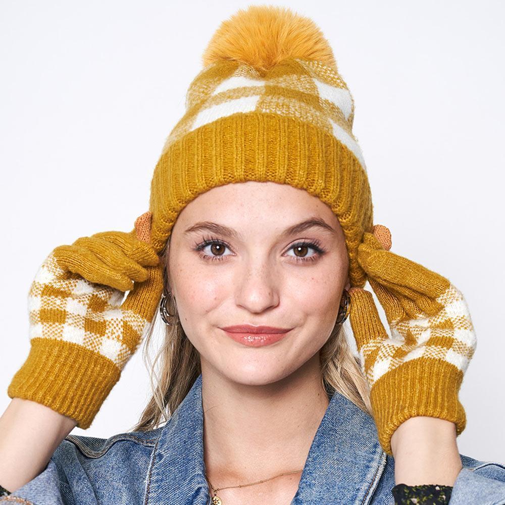 Buffalo Check Patterned Faux Fur Pom Pom Beanie Hat - Jewelry Store by Erik Rayo