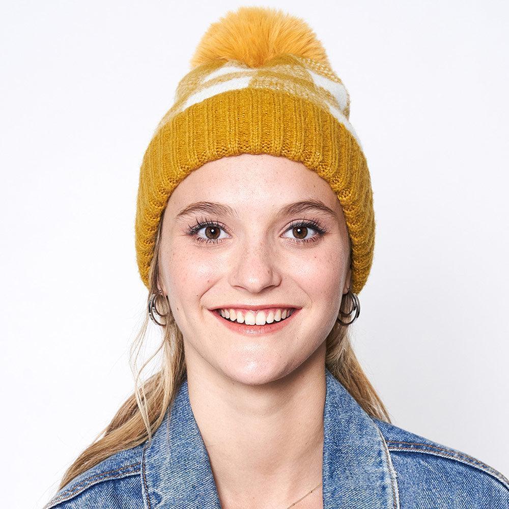 Buffalo Check Patterned Faux Fur Pom Pom Beanie Hat - Jewelry Store by Erik Rayo